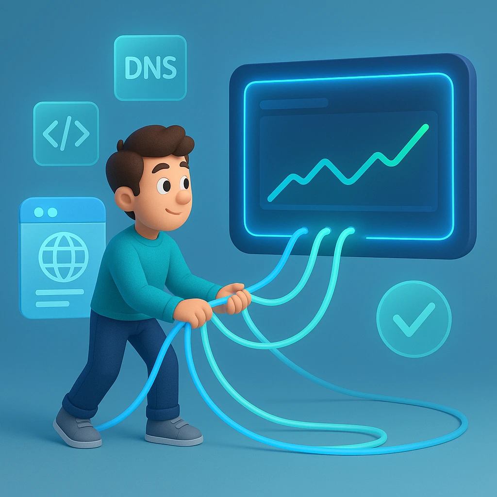 تصویر سه‌بعدی از اتصال فنی سایت به گوگل سرچ کنسول از طریق DNS و HTML، با نماد کابل‌های درخشان و رابط دیجیتالی برای نمایش فرآیند تأیید مالکیت سایت.