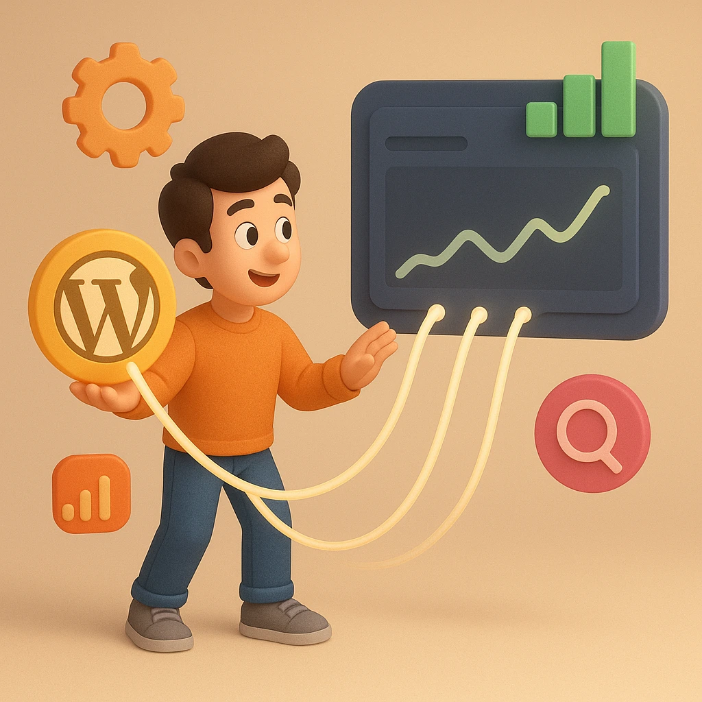 تصویر سه‌بعدی از کاراکتری که در حال اتصال وردپرس به گوگل سرچ کنسول از طریق افزونه Site Kit است؛ نماد یکپارچه‌سازی آسان و سریع داده‌های سئو در وردپرس.