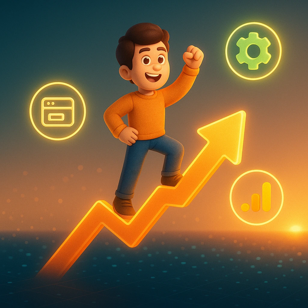 تصویر سه‌بعدی از کاراکتری که روی نمودار رشد سایت ایستاده و نمادهای سئو و داده‌های تحلیلی گوگل اطرافش در حال درخشیدن‌اند؛ نشان‌دهنده موفقیت پس از اتصال سرچ کنسول به سایت.