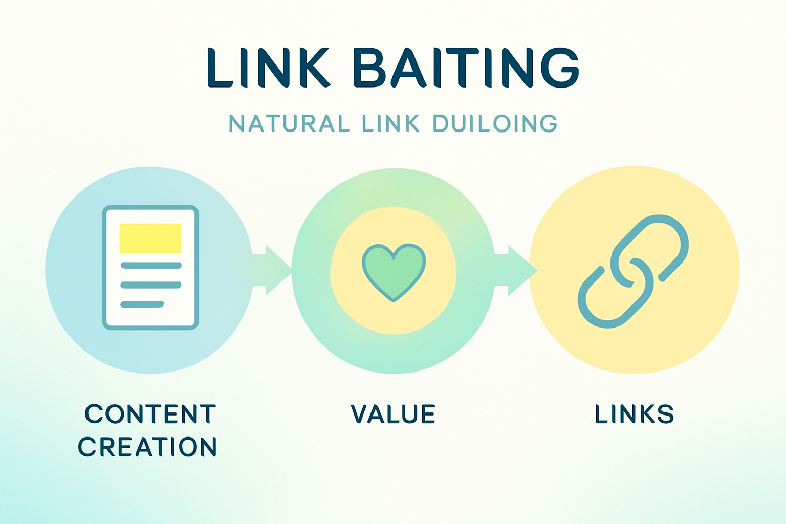 ساخت لینک طبیعی'، فرآیند ساده‌ای از خلق محتوا، ارزش‌دهی و کسب لینک‌های ارگانیک را نشان می‌دهد. دایره‌های رنگی پاستلی با آیکون‌هایی که هر مرحله را نمایندگی می‌کنند: یک سند برای خلق محتوا، یک قلب برای ارزش، و یک لینک برای تولید لینک ارگانیک، با فلش‌هایی که مراحل را به هم متصل می‌کنند.
