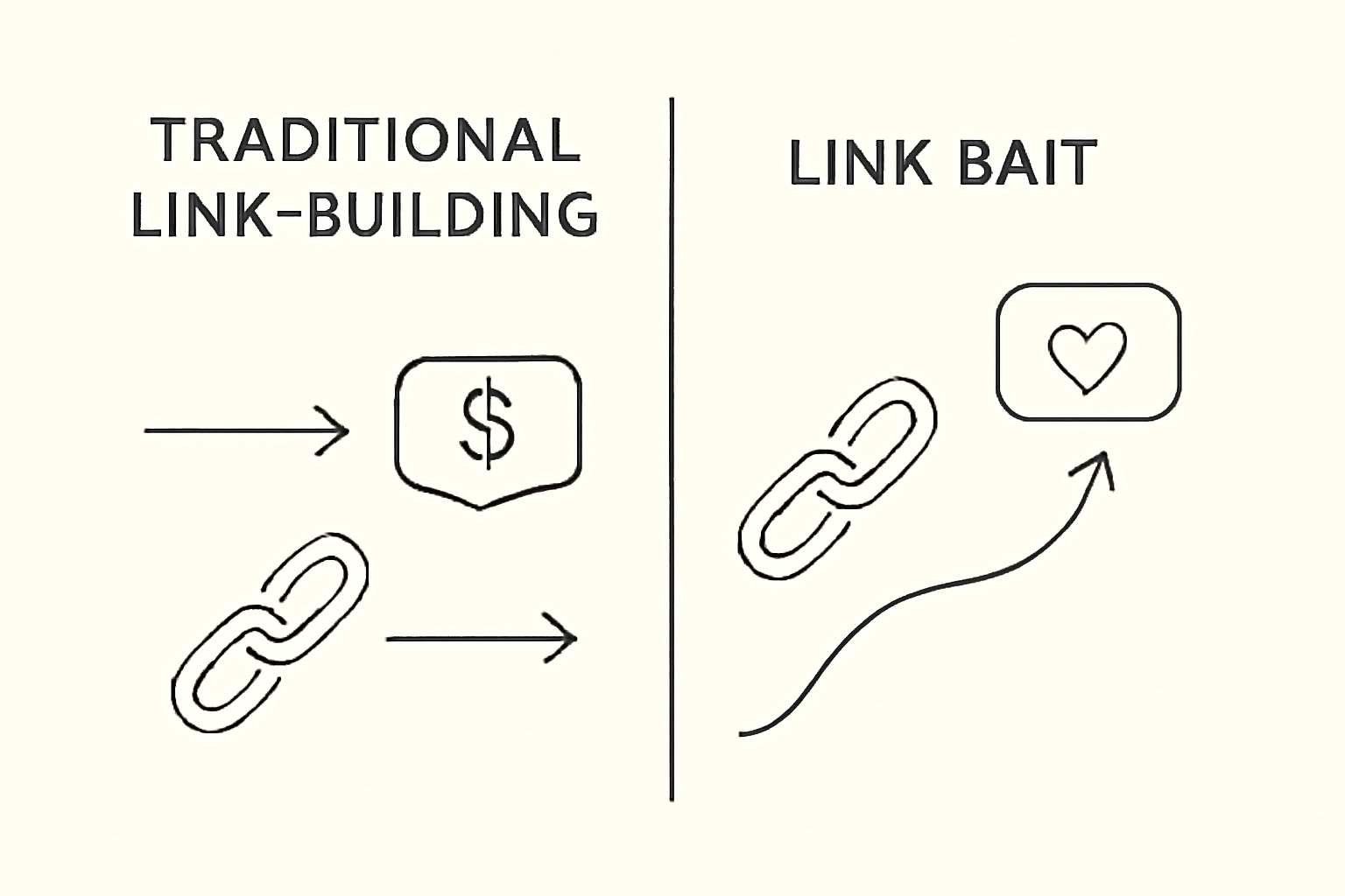 "تصویری مینیمالیستی که دو مسیر متفاوت برای لینک‌سازی را نشان می‌دهد: یکی برای لینک‌سازی سنتی با استفاده از خرید یا تبادل لینک‌ها و دیگری برای طعمه لینک که از طریق محتوای ارزشمند و طبیعی لینک‌ها جذب می‌کند. مسیر اول با استفاده از نمادهایی چون فلش و زنجیره‌های لینک نشان داده شده، در حالی که مسیر دوم با جریان ارگانیک و نمادهایی چون قلب و تعاملات طبیعی ترسیم شده است."