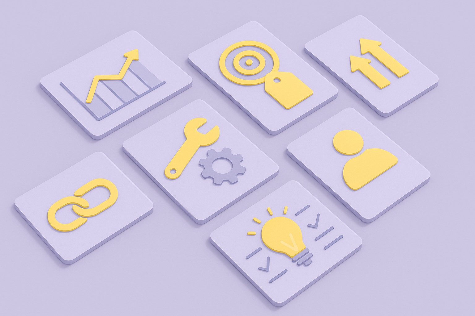 تصویر ایزومتریک متخصص سئو در حال بررسی داشبورد گزارش سئو شامل ترافیک ارگانیک، میانگین رتبه، CTR و نرخ تبدیل، با پسزمینه بنفش پاستلی و هایلایت زرد