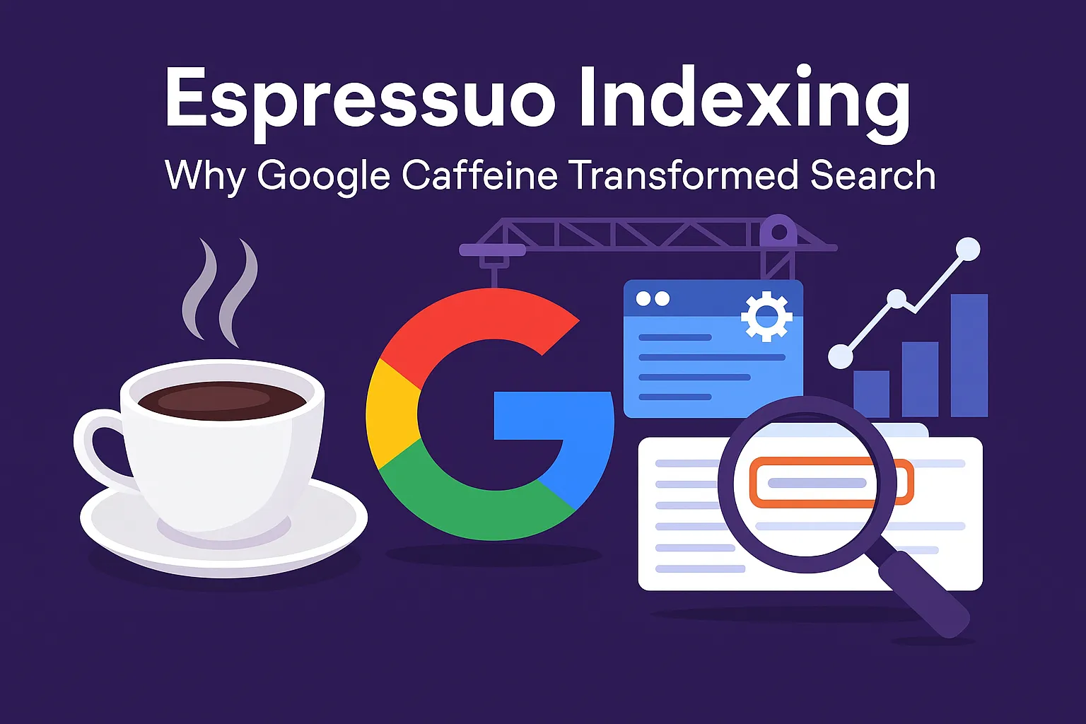 فنجان قهوه و جریان‌های نورانی داده که نماد انرژی، سرعت و ایندکس بلادرنگ در زیرساخت گوگل کافئین است.