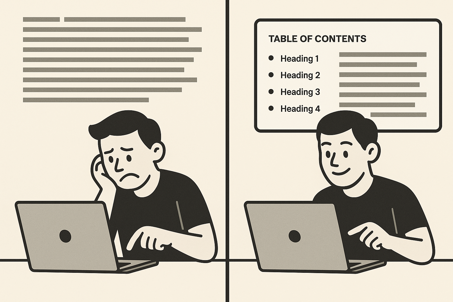 نمایش مقایسه تجربه کاربر با صفحه بدون فهرست مطالب در مقابل صفحه دارای Table of Contents برای بهبود دسترسی و سئو