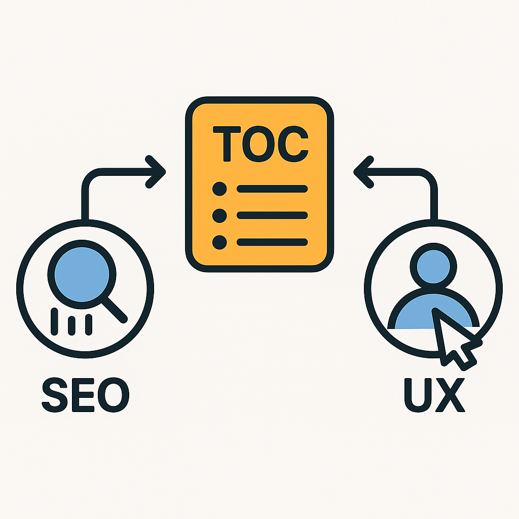 “TOC icon as a bridge connecting SEO and UX in a modern diagram”