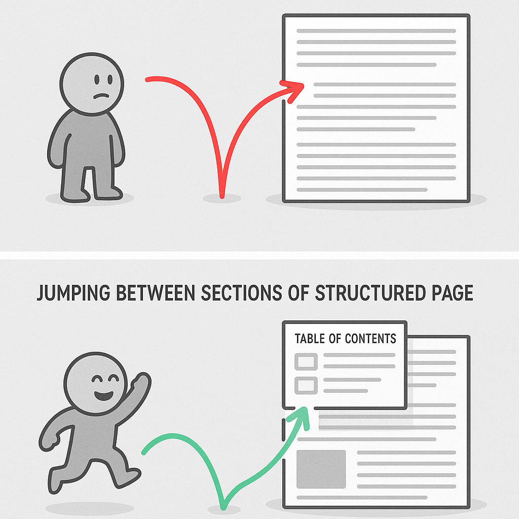 A two-part illustration showing user journey differences. Top: a confused user quickly bounces off a long unstructured page with a red arrow. Bottom: a happy user explores a structured page using a floating Table of Contents with a green arrow indicating longer engagement.