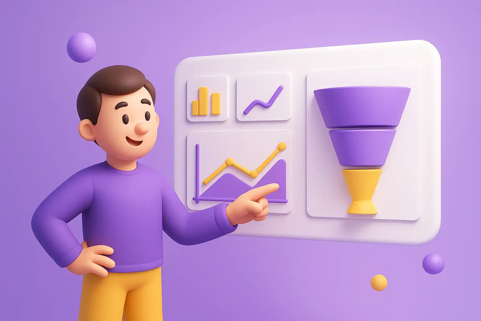 کاراکتر در حال تحلیل نرخ تبدیل روی داشبورد دیجیتالی با قیف فروش و نمودارها برای توضیح بهینه‌سازی نرخ تبدیل