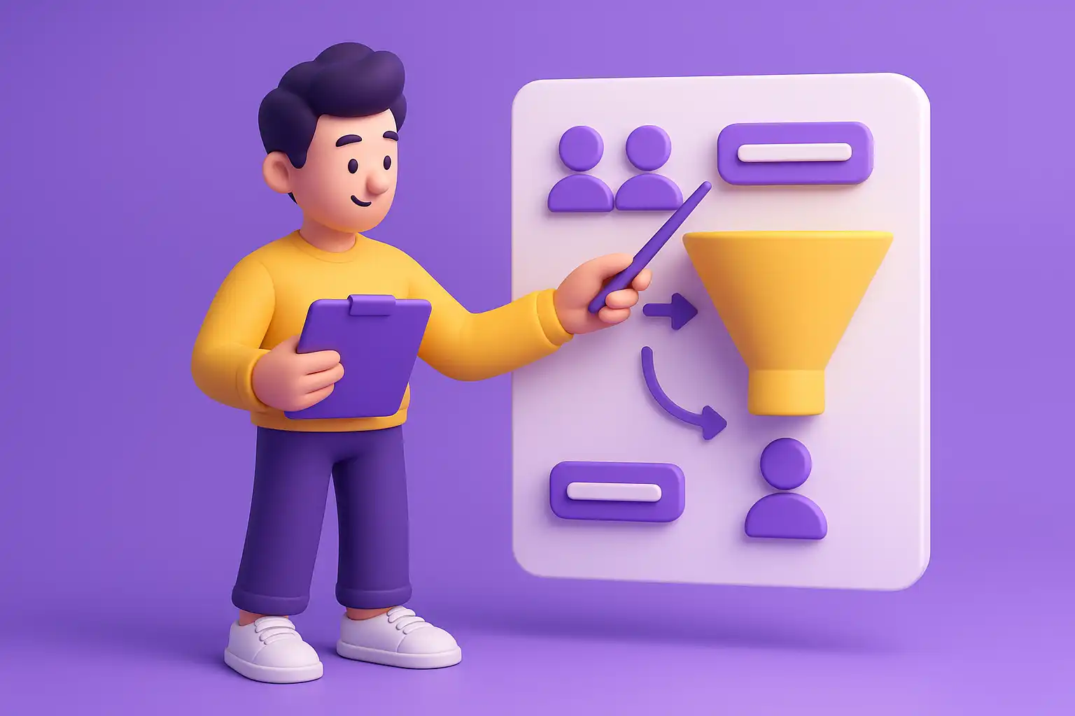 کاراکتر در حال محاسبه نرخ تبدیل با قیف ورودی کاربر و خروجی مشتری برای نشان دادن فرمول و مفهوم Conversion Rate