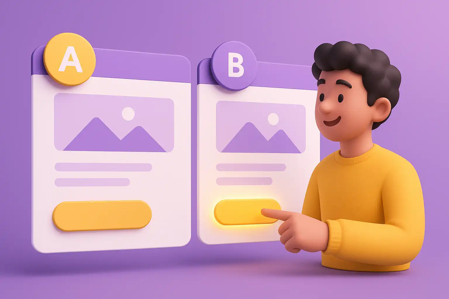 کاراکتر در حال مقایسه دو نسخه صفحه وب با تست A/B و انتخاب دکمه فراخوان بهتر برای افزایش نرخ تبدیل