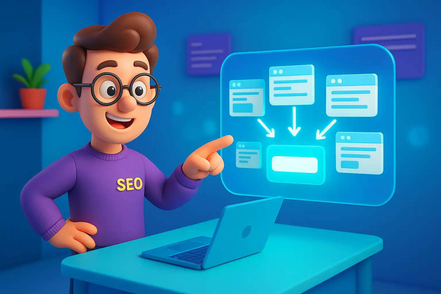 «کاراکتر سه‌بعدی متخصص سئو در حال نمایش ادغام چند صفحه وب تکراری به یک آدرس اصلی روی صفحه هولوگرافیک، نماد تگ کنونیکال در سئو