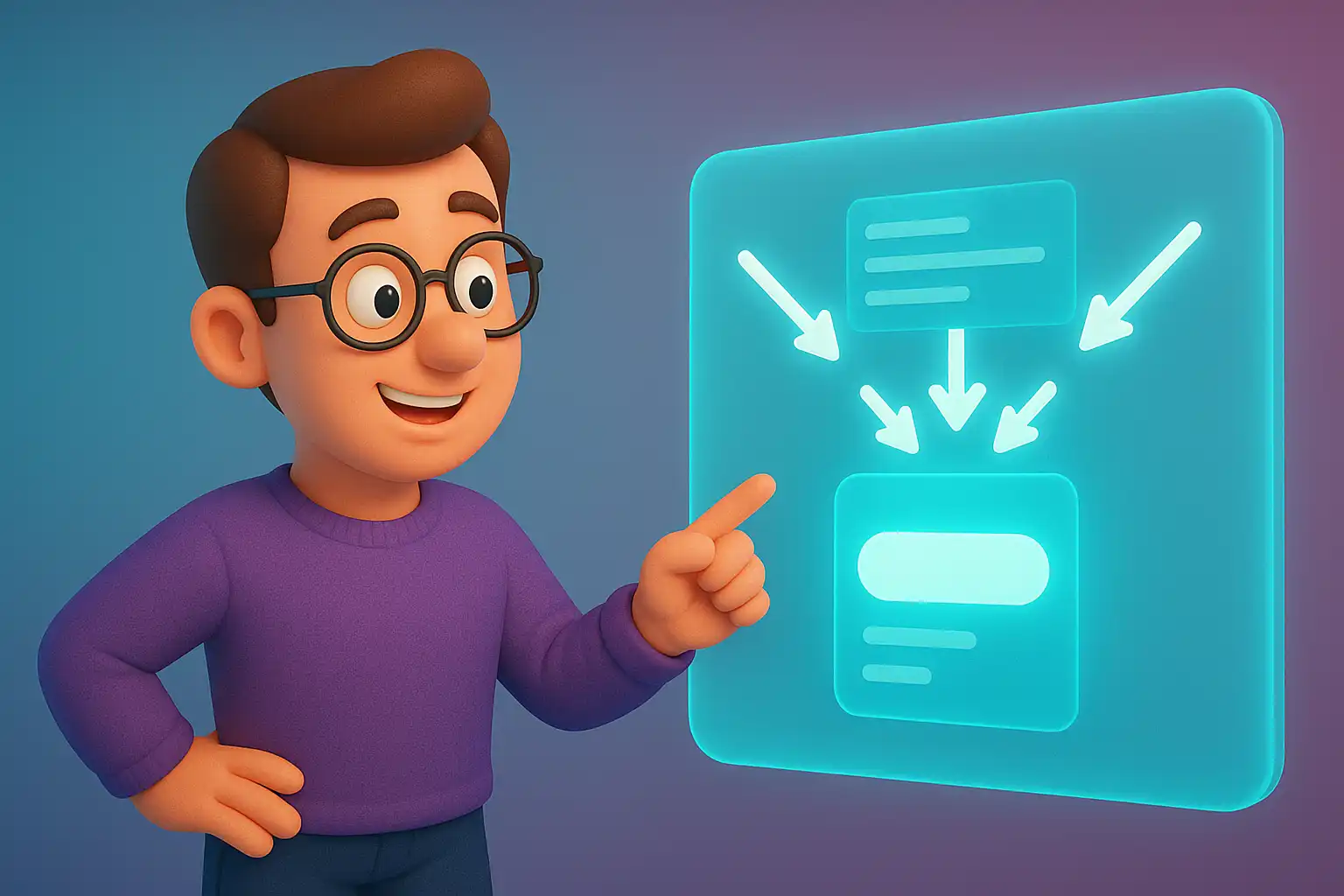  «کاراکتر سه‌بعدی سئوکار در حال بررسی داشبوردی با فلش‌هایی که به یک URL مرکزی اشاره دارند، نماد نظم و موفقیت در استفاده از تگ کنونیکال