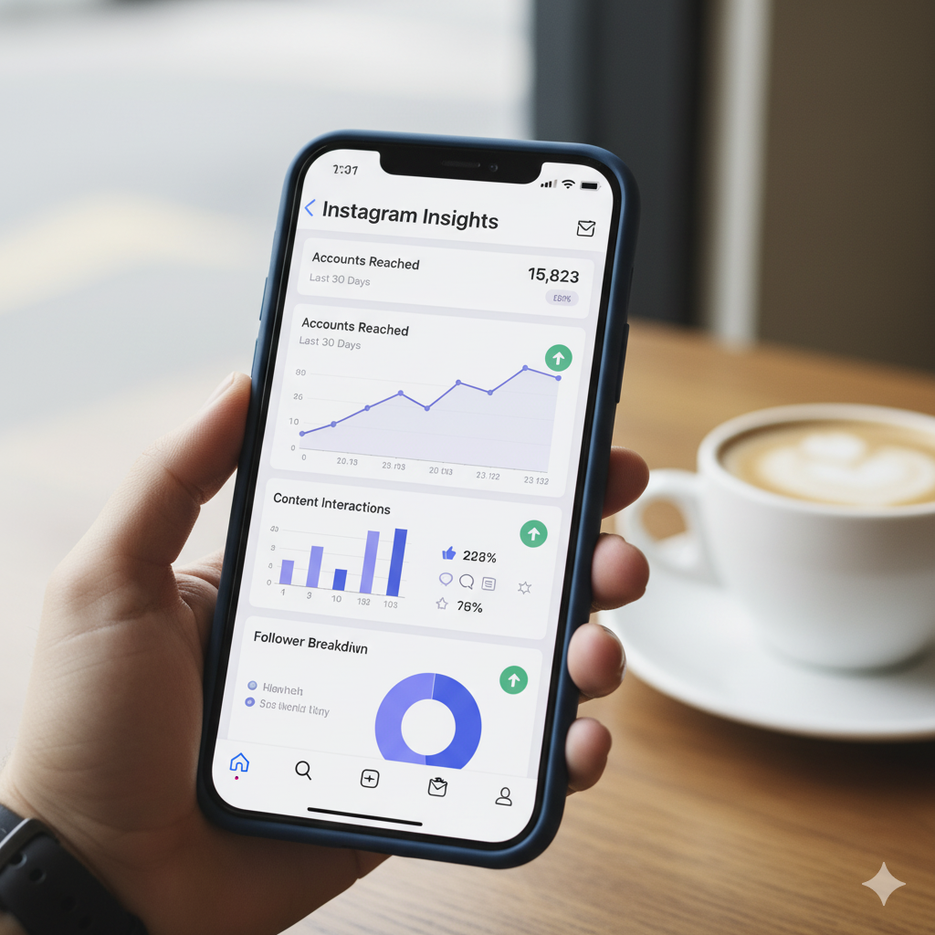 تصویر ایزومتریک داشبورد اینسایت اینستاگرام با نمودارها و آمار تعامل کاربران