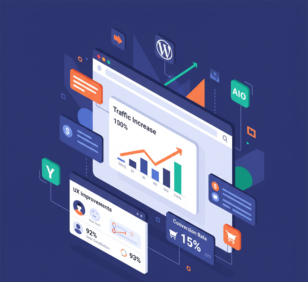 تصویر ایزومتریک از فرآیند بهینه‌سازی سایت وردپرس با افزونه‌ها، نمایش بهینه‌سازی محتوا، تصاویر، لینک‌ها و سرعت