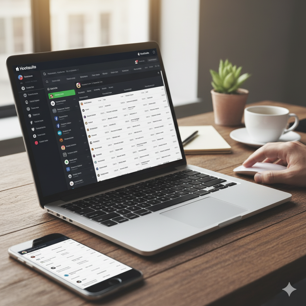 تصویر ایزومتریک پنل هووتسویت برای مدیریت شبکه‌های اجتماعی با آیکون‌ها و ابزارهای زمان‌بندی محتوا