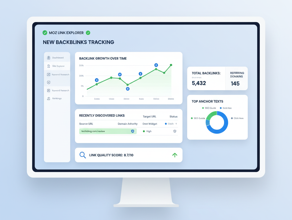 تصویر یک ابزار سئو مانند Moz Link Explorer، که برای پیگیری بک‌لینک‌های جدید به سایت و تحلیل آن‌ها استفاده می‌شود.
