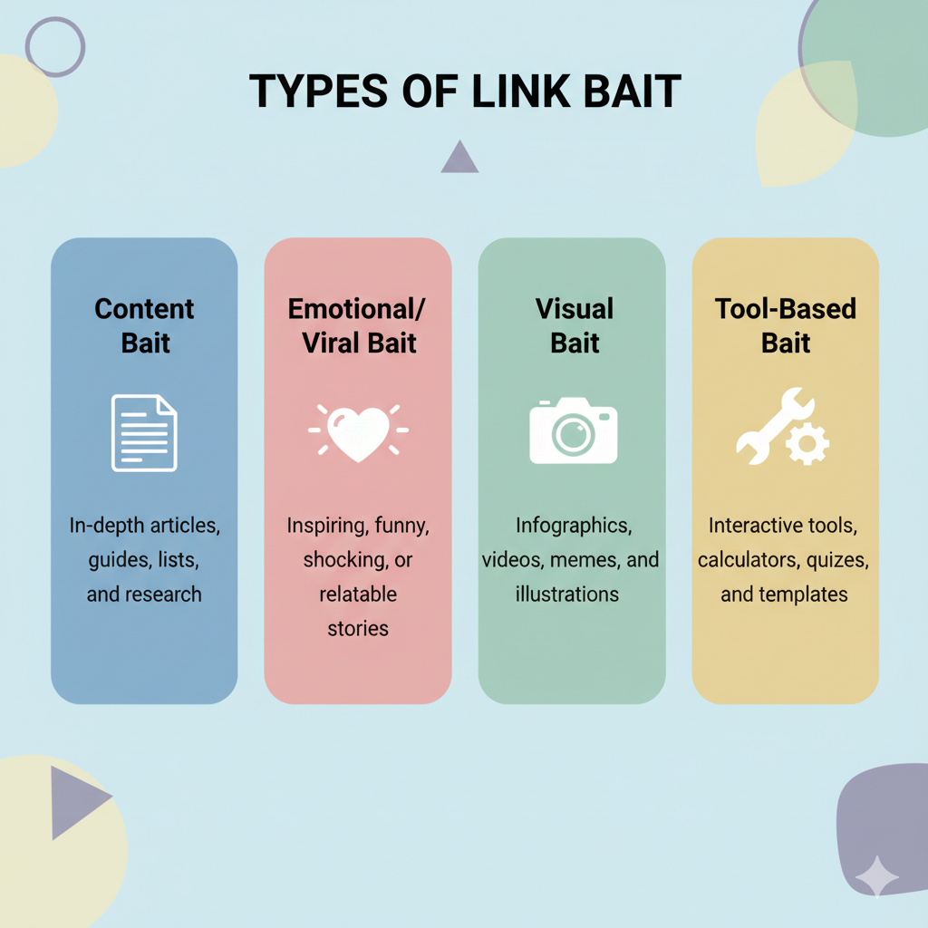 ین اینفوگرافیک انواع طعمه‌های لینک را در چهار بخش رنگارنگ و ساده تقسیم‌بندی کرده است: طعمه محتوا، طعمه احساسی/ویروسی، طعمه تصویری، و طعمه ابزارمحور. هر بخش دارای یک آیکون ساده و توضیح کوتاهی است که آن را مشخص می‌کند