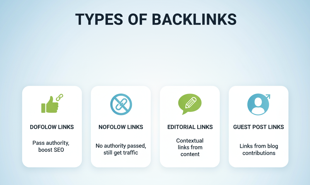 اینفوگرافیک دسته‌بندی انواع بک‌لینک‌ها شامل دوفالو، نوفالو، تحریریه و پست مهمان، همراه با توضیحات مربوط به هر نوع.