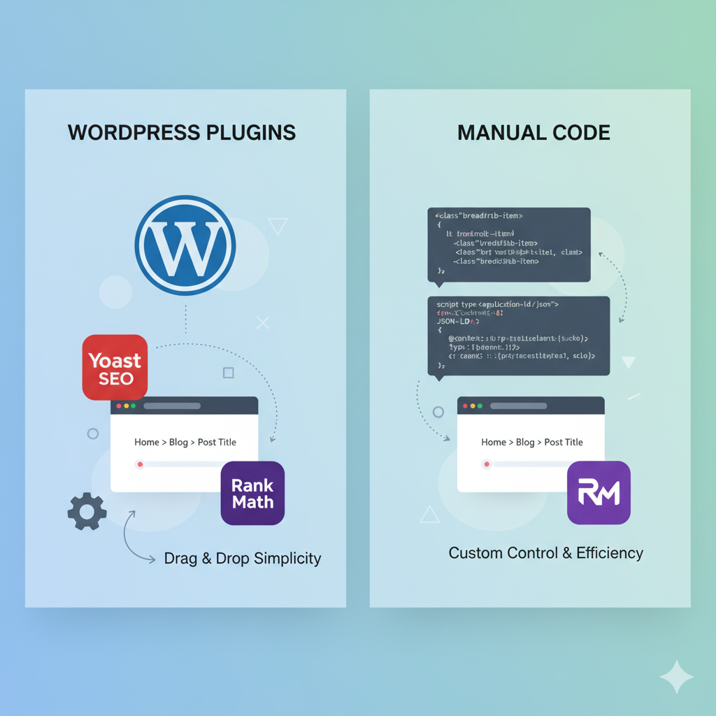 یک تصویرسازی مقایسه‌ای از روش‌های افزودن بردکرامب (مسیر راهنما) به وب‌سایت. در سمت چپ، آیکون‌های وردپرس همراه با لوگوی افزونه‌های Yoast SEO و Rank Math نمایش داده شده که سادگی استفاده از پلاگین‌ها را نشان می‌دهد. در سمت راست، بخش‌هایی از کد HTML و JSON-LD به همراه کلمه "Manual Code" وجود دارد که پیاده‌سازی دستی و کنترل سفارشی را به تصویر می‌کشد. هر دو بخش کارایی و سادگی روش مربوطه را برای توسعه وب مدرن برجسته می‌کنند.