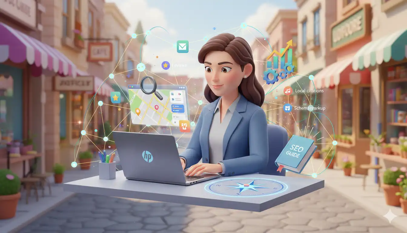 شهر آینده با صاحبان کسب‌وکار و مشتریان انیمیشنی در حال تعامل با نقشه‌ها و نشانگرهای دیجیتال شناور، رنگ‌های روشن و مدرن، بدون متن یا نوشته