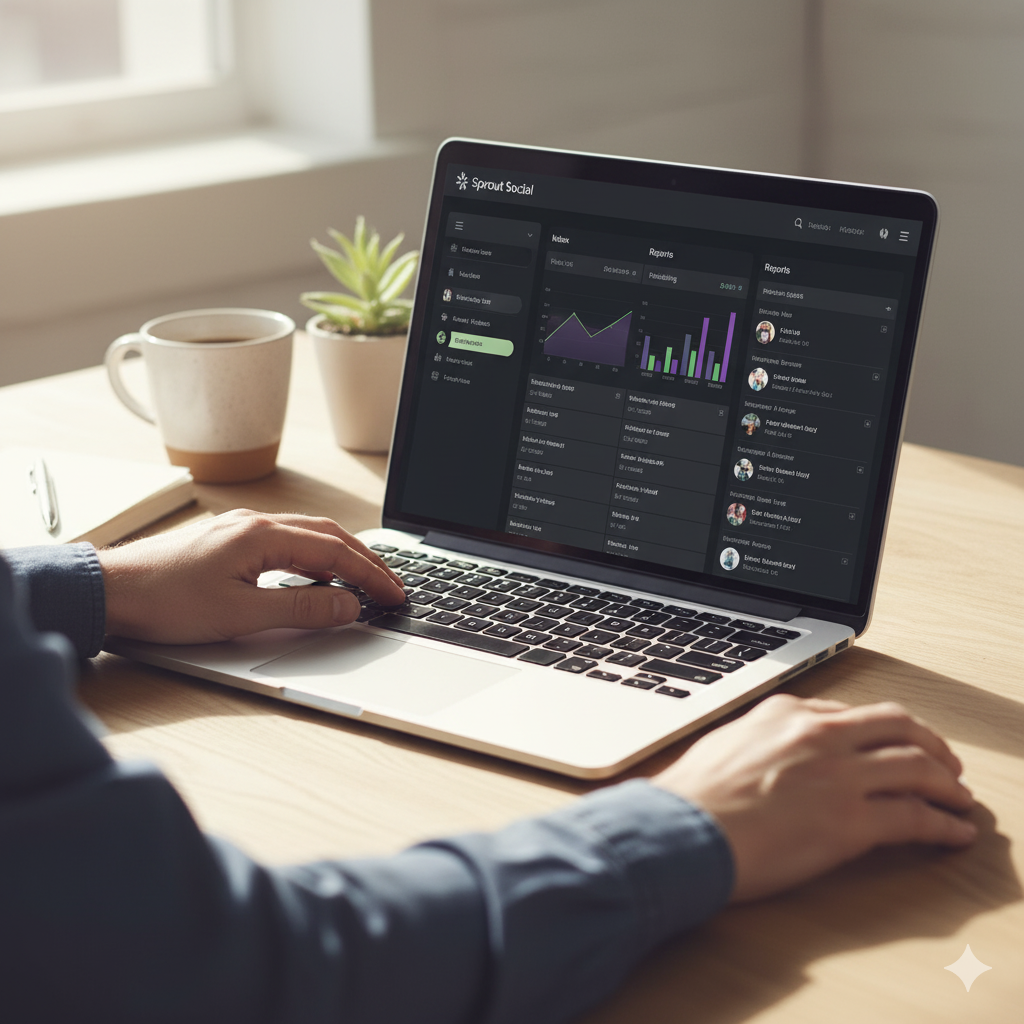 تصویر ایزومتریک ابزار Sprout Social برای مدیریت و تحلیل شبکه‌های اجتماعی با نمودارها و آیکون‌های ارتباطی