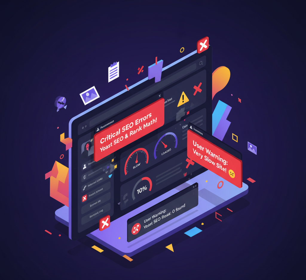 تصویر ایزومتریک از سایت وردپرس با خطاهای سئو، تداخل افزونه‌ها و کاهش سرعت سایت