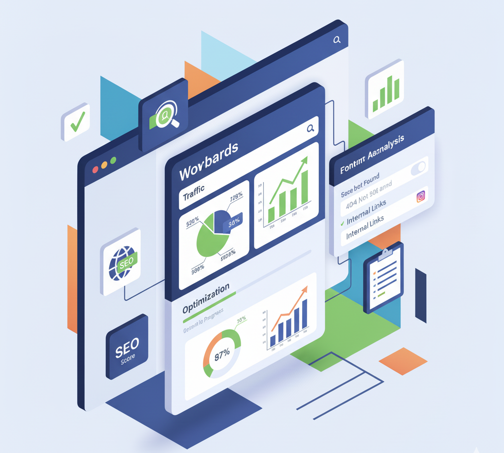 تصویر ایزومتریک مدرن از یک سایت وردپرس با نمودارها و نمادهای سئو، نمایش فرآیند بهینه‌سازی