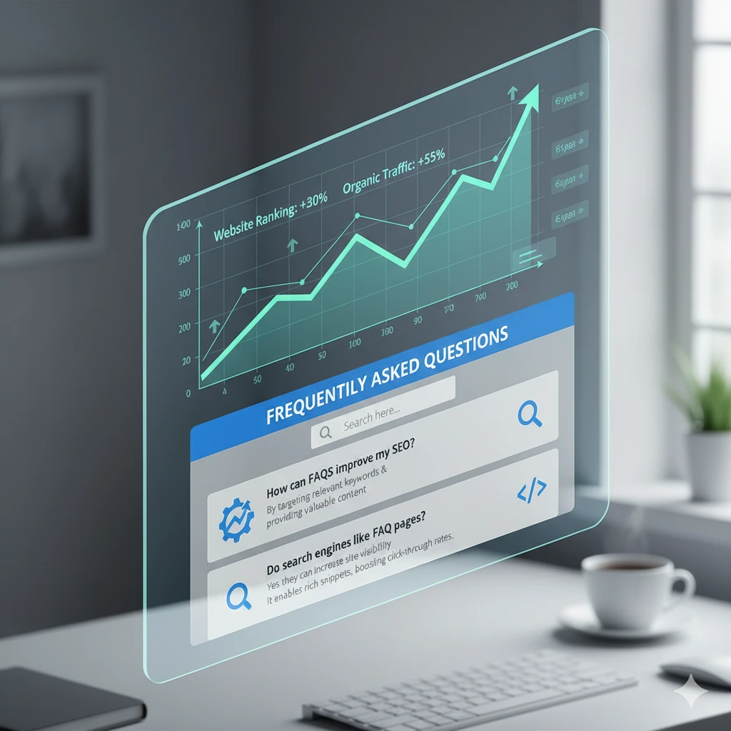 تصویری طبیعی از صفحه سوالات متداول (FAQ) وبسایت، با نمودار بهینهسازی موتور جستجو (SEO) در پسزمینه که نشاندهنده بهبود رتبهبندی