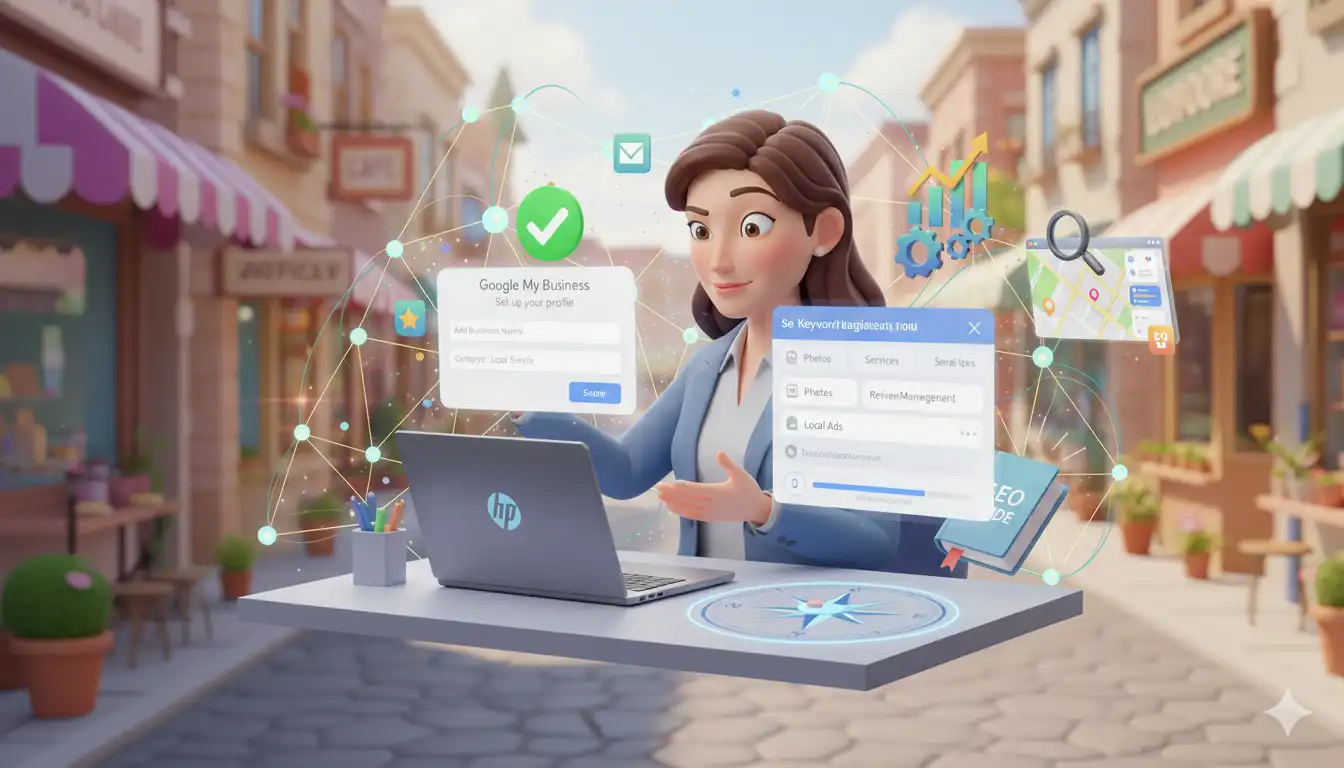 مشتریان خوشحال در حال بازدید از فروشگاهی روی نقشه بزرگ