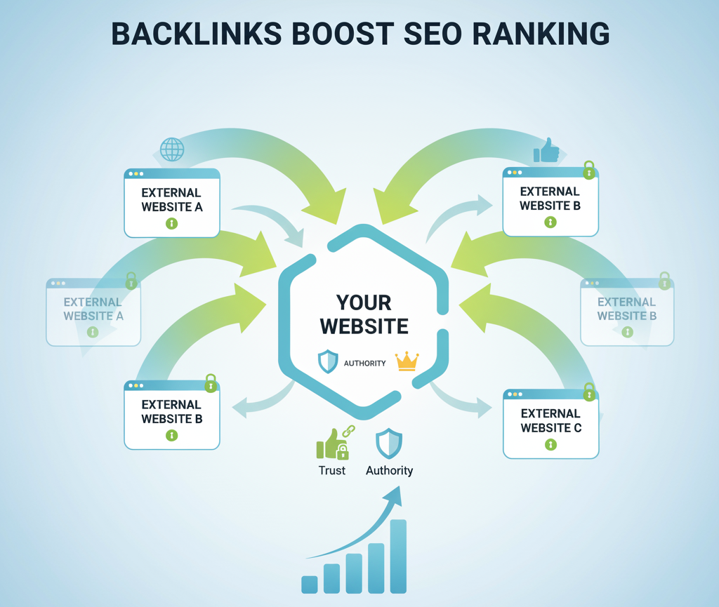 تصویر نشان‌دهنده تأثیر بک‌لینک‌ها بر رتبه‌بندی سایت در نتایج جستجو، با اشاره به اعتبار دامنه و بهبود دیده‌شدن سایت.