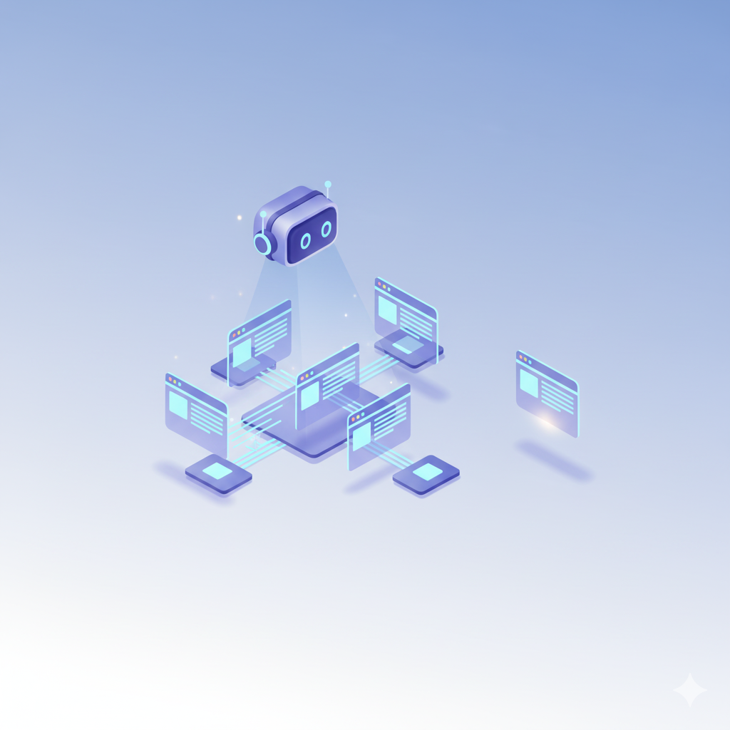 ربات گوگل در حال بررسی صفحات سایت و مشاهده یک صفحه یتیم جدا از شبکه اصلی لینک‌ها.
