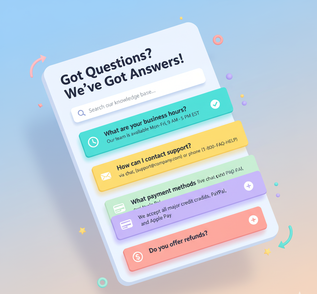 تصویری ایزومتریک از بخش سوالات متداول (FAQ) در یک وبسایت، شامل لیستی از سوالات با جعبه‌های پاسخ کشویی.