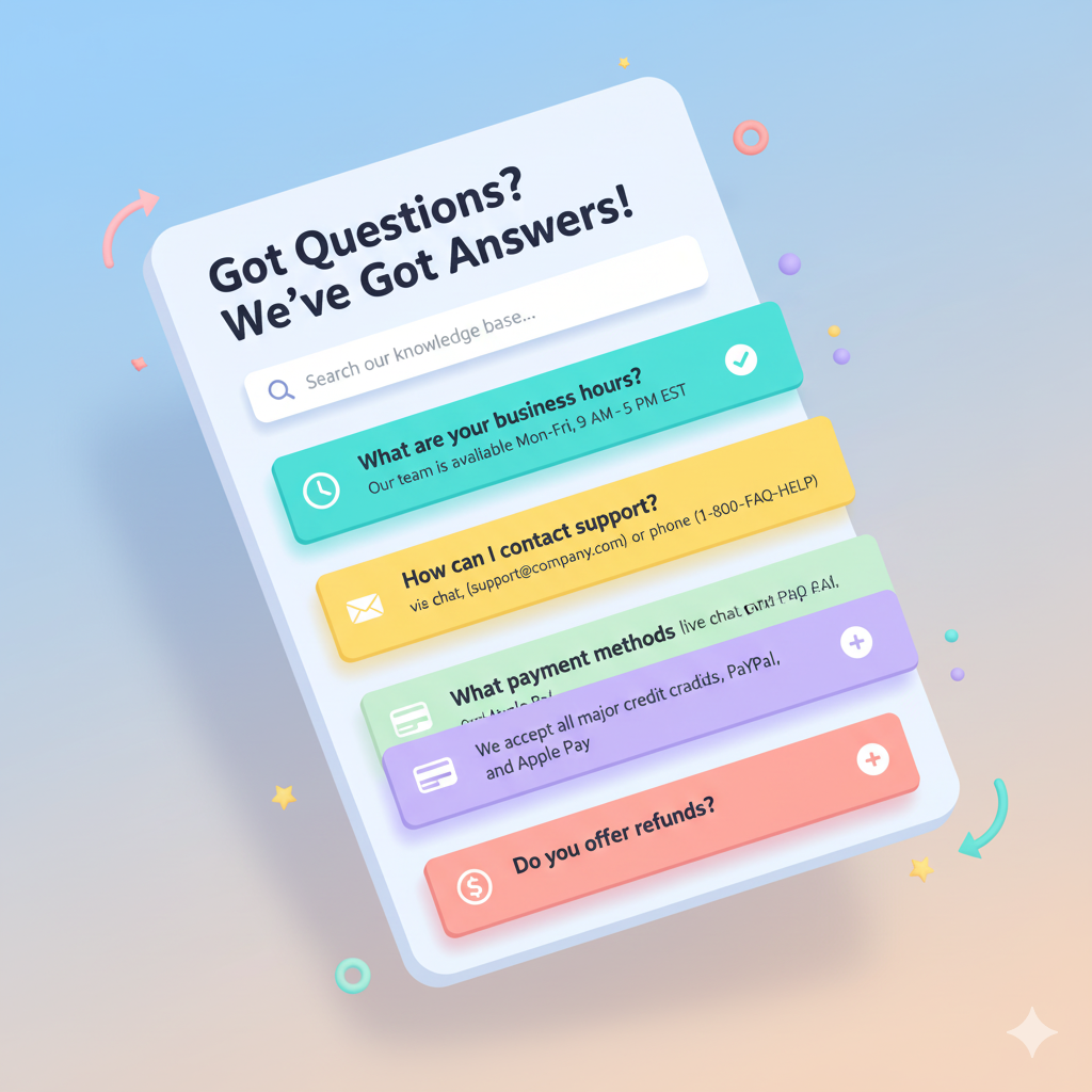 تصویری ایزومتریک از بخش سوالات متداول (FAQ) در یک وبسایت، شامل لیستی از سوالات با جعبههای پاسخ کشویی.