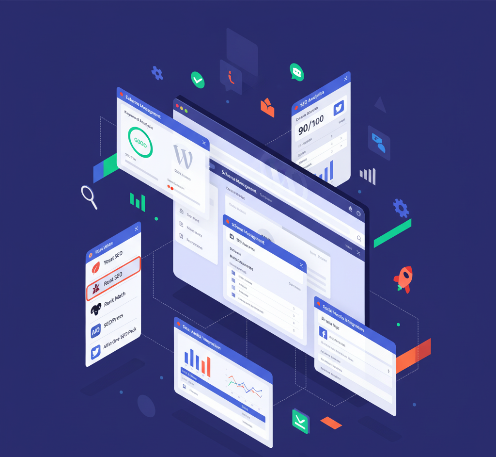 تصویر ایزومتریک از افزونه‌های محبوب سئو در داشبورد وردپرس با نمایش متا تگ‌ها و تحلیل کلمات کلیدی
