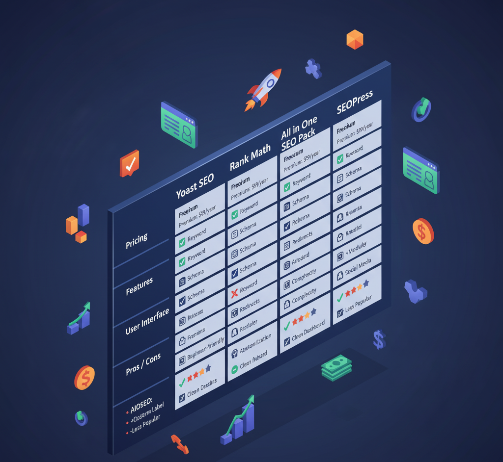 نمودار ایزومتریک مدرن مقایسه افزونه‌های سئو وردپرس با نمایش نقاط قوت، ضعف و امکانات