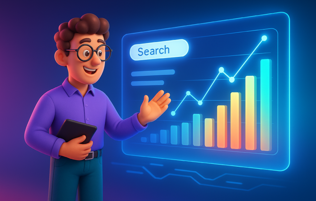 سئوکار در حال تحلیل نوسانات رتبه در نتایج گوگل روی نمایشگر هولوگرافیک؛ نمایش مفهومی Google Dance یا رقص گوگل