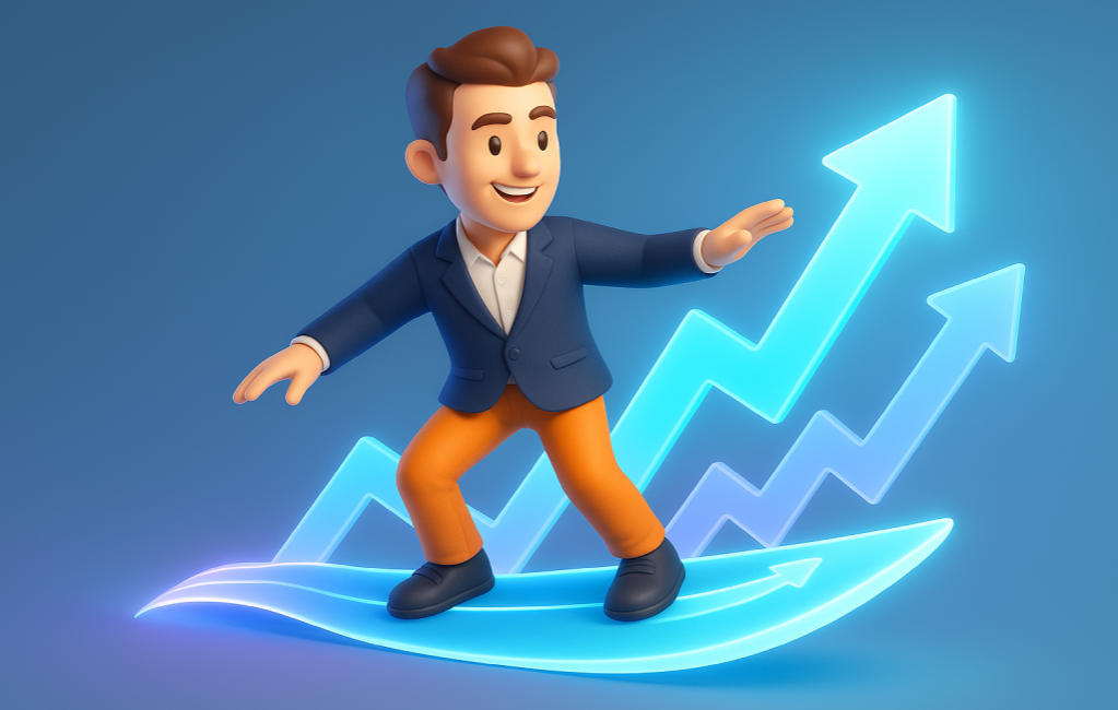 در حال موجسواری روی موج دیجیتال از پیکانهای رتبهبندی؛ نماد کنترل و مدیریت هوشمندانه رقص گوگل.