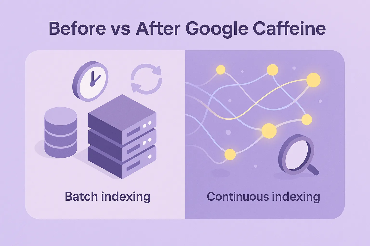 نمایی مقایسه‌ای از ایندکس دسته‌ای قبل از کافئین گوگل و ایندکس پیوسته بعد از آن؛ نشان‌دهنده افزایش سرعت ایندکس و بهبود ساختار جستجوی گوگل