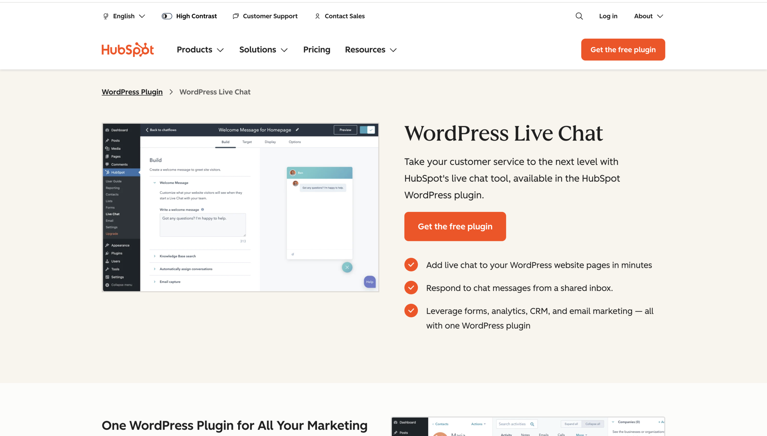 افزونه چت آنلاین HubSpot Live Chat رایگان با یکپارچگی با HubSpot CRM و ارسال پیامهای خودکار برای پشتیبانی سریع."