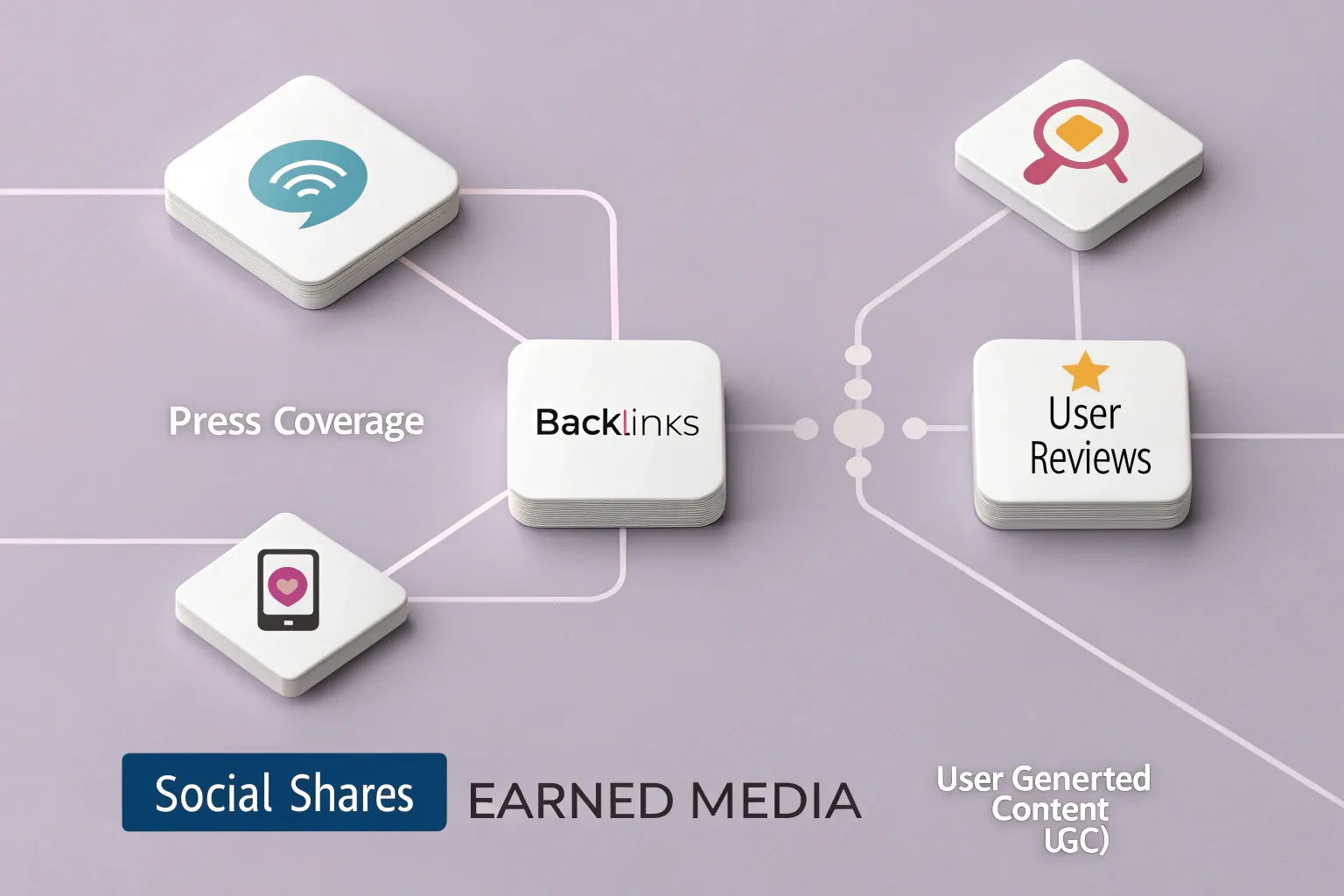 انواع رسانه اکتسابی شامل نقد کاربران، اشتراکگذاری شبکههای اجتماعی، لینک طبیعی و پوشش خبری