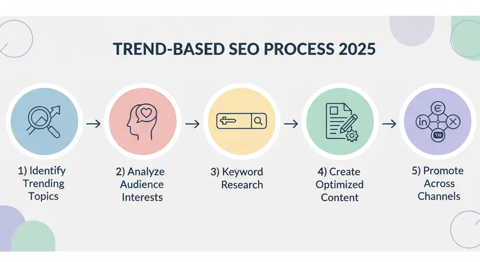 تصویر مفهومی خلاقانه سئو با رنگ‌های پاستیلی که تاثیر ترندها بر رتبه سایت در گوگل در سال ۲۰۲۵ را نشان می‌دهد – تاثیر ترندها بر سئو