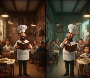 تصویر دو قسمتی که مفهوم تست A/B را در یک رستوران نشان میدهد. در یک طرف، آشپز نسخه A منو را بررسی میکند و در طرف دیگر، نسخه B را، که نمادی از م