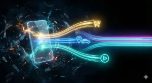 جریانهای نوری از داخل گوشی بیرون میآیند و نمادهای خرید، موقعیت و پخش رسانه را نشان میدهند که مفهوم سرعت و یکپارچگی در PWA را منتقل میکند. این تصویر قدرت تجربه بدون وقفه و دسترسی سریع در اپلیکیشنهای PWA را نمایش میدهد.