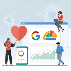 مجموعهای از عناصر سئو، نمودار رشد و لوگوی گوگل نشان میدهد که PWA چگونه بر سئو و تجربه کاربری تأثیر مثبت دارد. تصویر روی تعامل بهتر کاربر و بهبود عملکرد سایت تمرکز دارد.