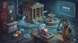 یک محیط کارتونی تخریبشده، ضعفهای شبکه، کش و سرویسورکر را در PWA طنزآمیز نشان میدهد. تصویر محدودیتهای PWA مثل عدم پشتیبانی کامل مرورگرها یا Push را برجسته میکند.