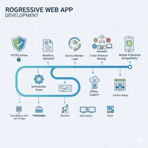 این تصویر مسیر توسعه Progressive Web App را از HTTPS تا سرویس ورکر، کش و تست مرورگرها نشان میدهد. نمودار خطی مراحل کلیدی ساخت یک PWA استاندارد را نمایش میدهد