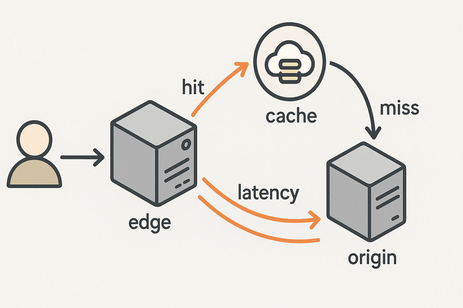 دیاگرام مسیر کاربر تا سرور اج و سرور اصلی در CDN همراه با نمایش کش هیـت و کش میس و تاثیر تاخیر شبکه 