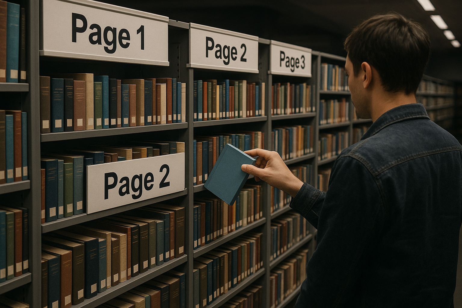 مفهوم صفحات Pagination بهصورت کتابخانهای دیجیتال با قفسههای شمارهدار برای نمایش نظم در محتوا.