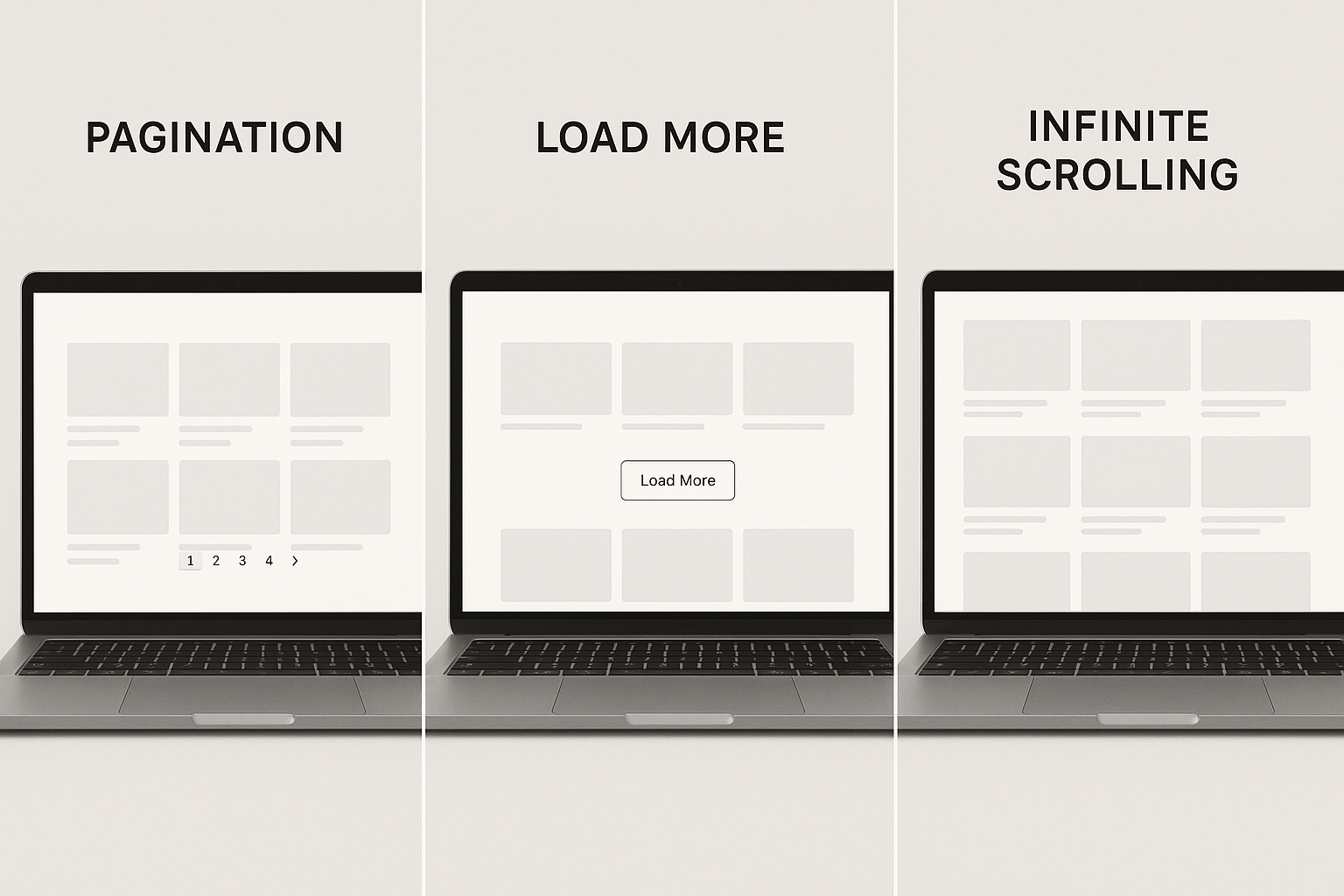 مقایسه سه مدل نمایش محتوا در طراحی وب: Pagination، دکمه Load More و اسکرول بیپایان.
