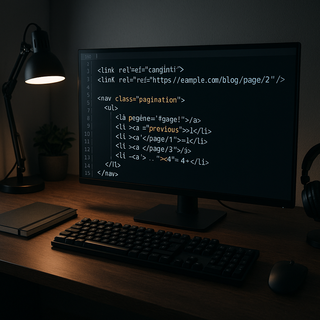 تصویر واقعی از محیط توسعه وب با کدهای HTML مربوط به صفحات Pagination و تگ canonical.