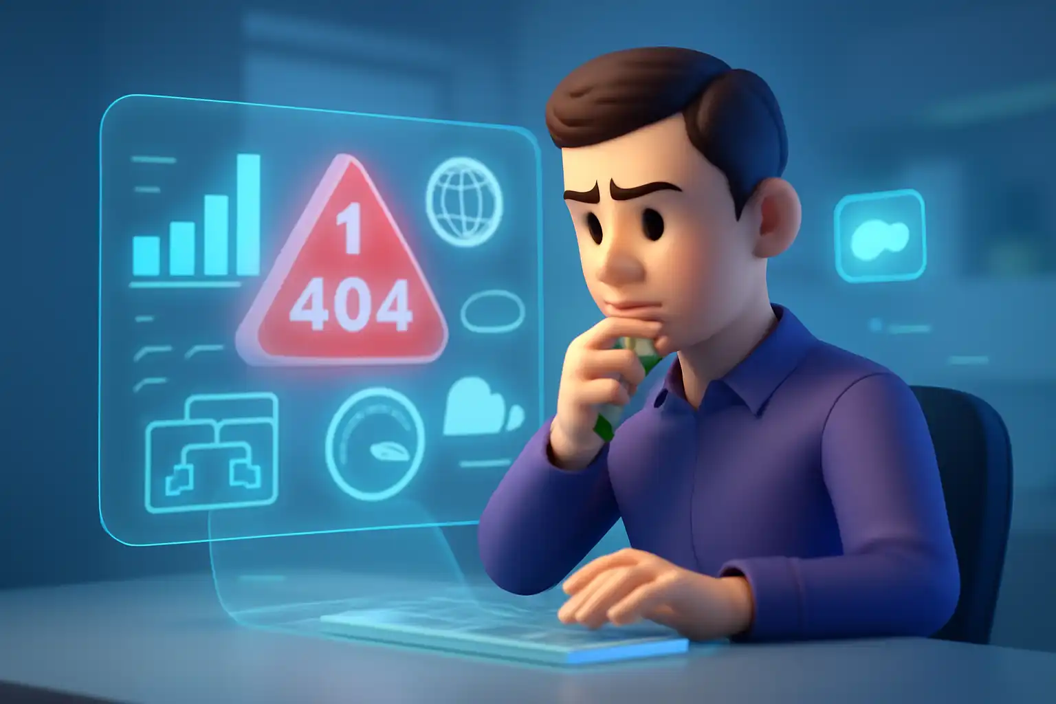 شخصیت سهبعدی در حال تحلیل مشکلات فنی سئو سایت، شامل خطاهای 404، سرعت بارگذاری کند و مشکلات اتصال سرور، بر روی صفحه هولوگرافی در یک فضای کاری دیجیتال آیندهنگر
